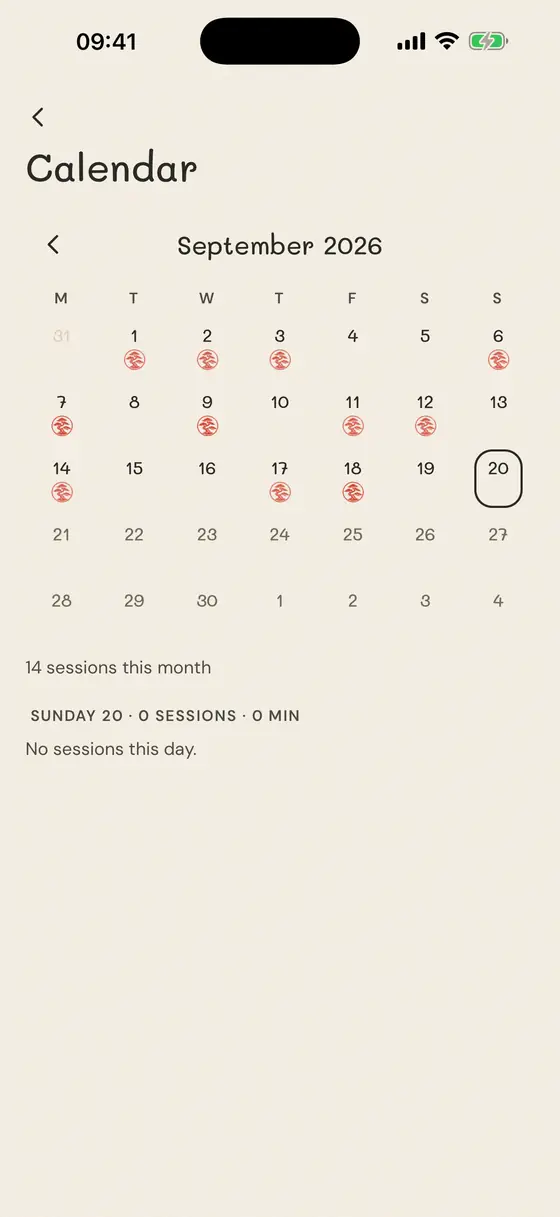A month in the calendar, with a hanko seal under each day that had a finished session.