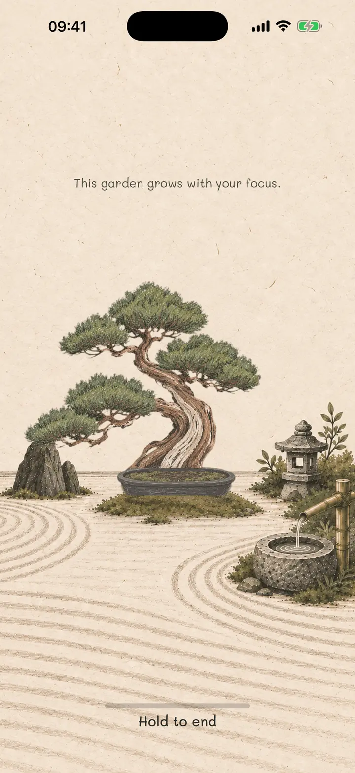 Shimpaku's focus screen during a Pomodoro-style session: a bonsai on a moss island in a raked sand garden, with the timer running.