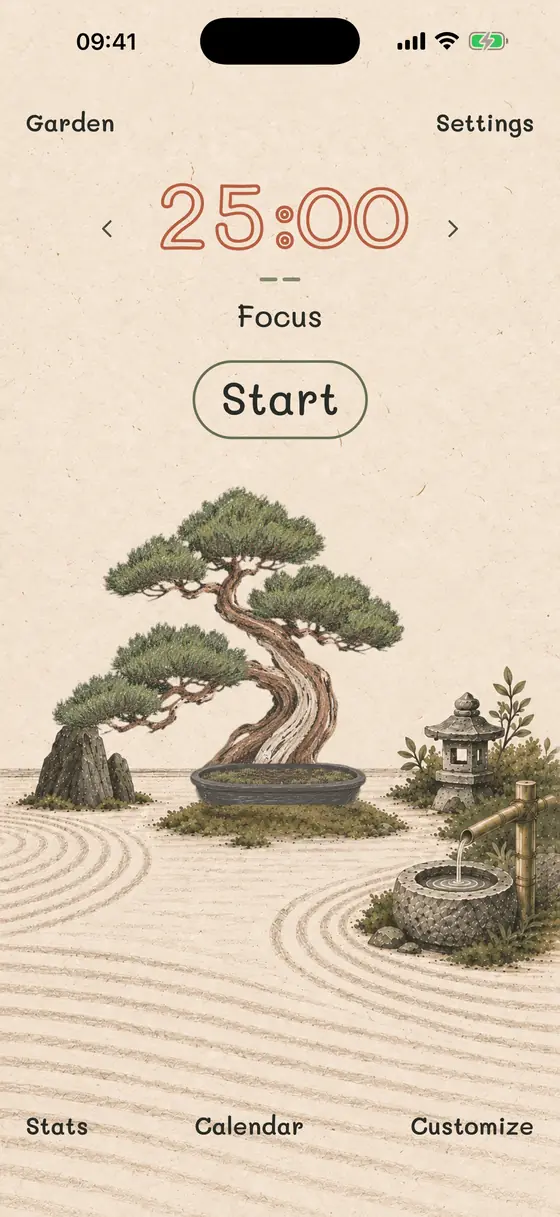 The home screen, set to a 25-minute focus session, with a Start button above the garden.