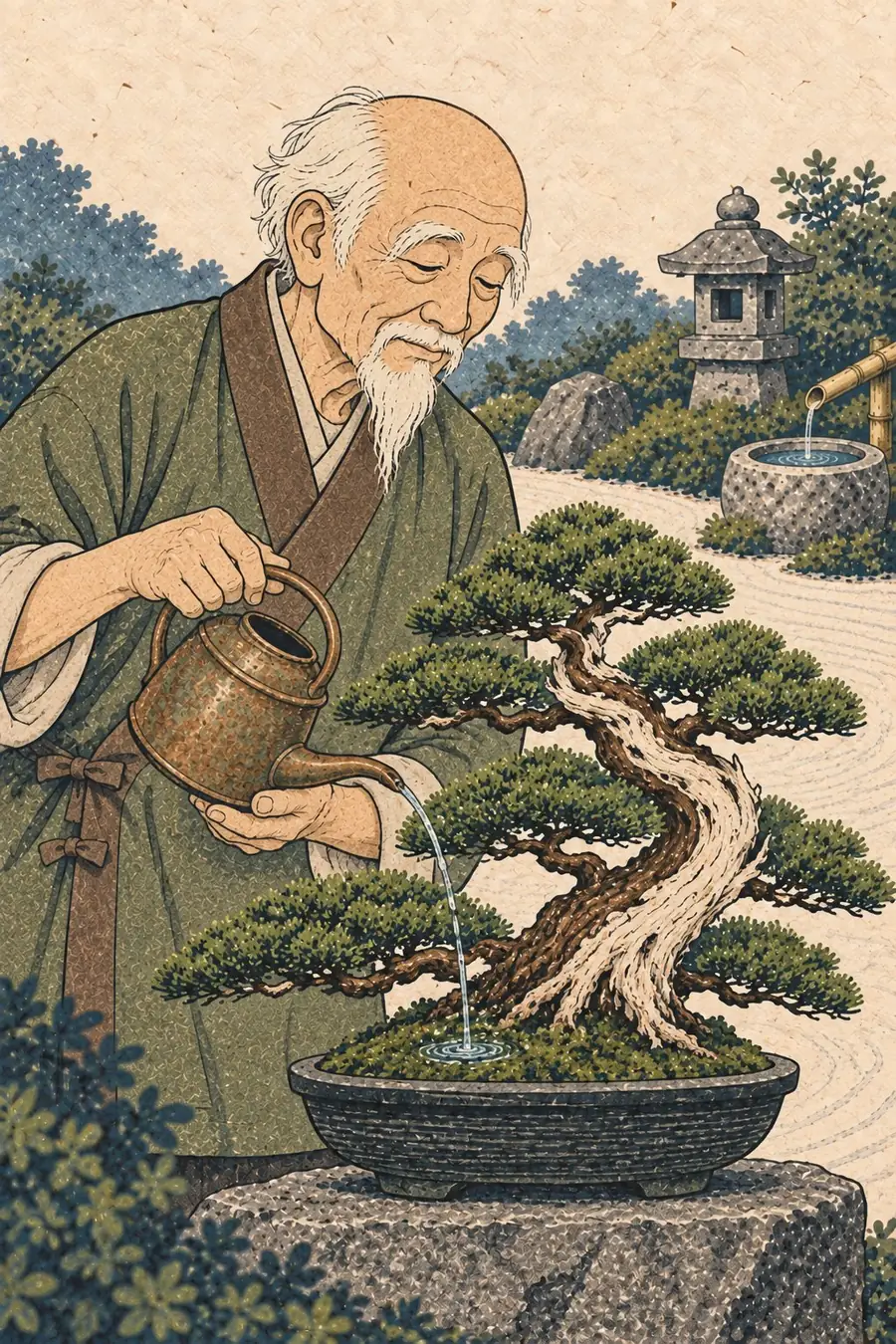 Illustration of the old gardener watering a bonsai with a copper watering can.